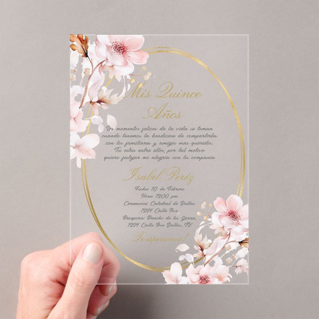 Quinceanera acrylic invitation in Spanish (Insitu (Handheld))