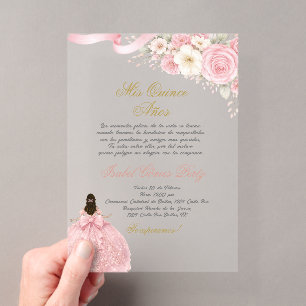 Quinceanera acrylic pink coquette in Spanish Invitations
