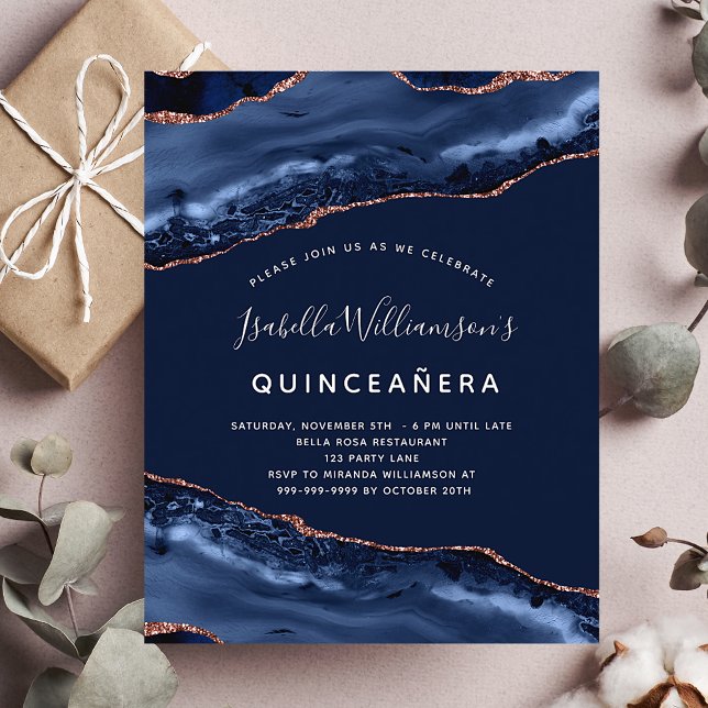 Quinceanera agate blue rose gold budget invitation flyer (Creator Uploaded)