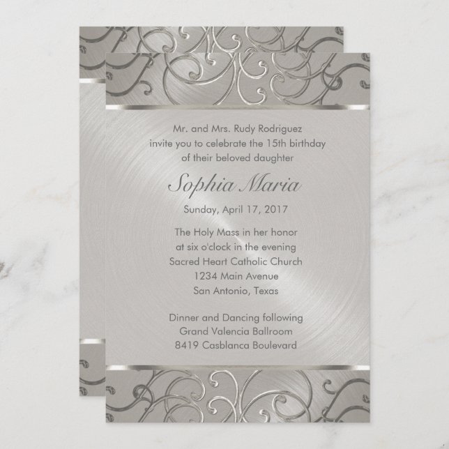 Quinceanera All Silver Filigree Swirls Invitation (Front/Back)