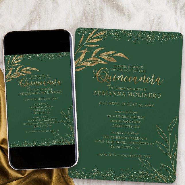 Quinceanera and Mass Elegant Green and Gold Leaf Invitation (Church ceremony and Quinceanera invitation in emerald green from my Gold Leaf Collection
)