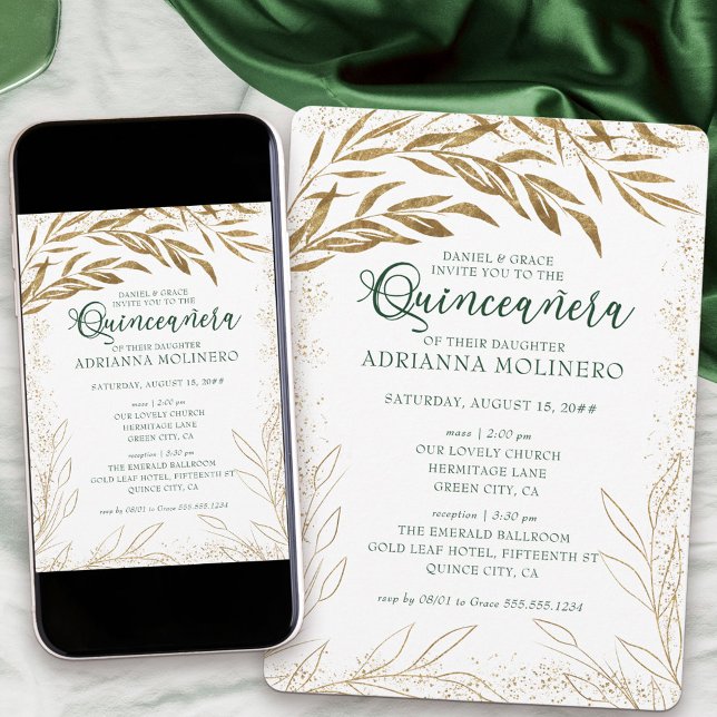Quinceanera and Mass Elegant Green and Gold Leaves Invitation (decorated on both sides and available professionally printed or as a printable download)