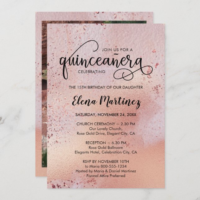 Quinceanera and Mass Elegant Rose Gold Photo Invitation (Front/Back)
