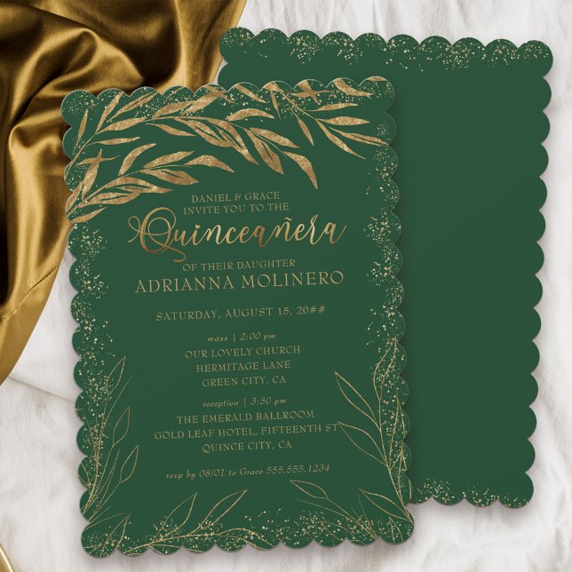 Quinceanera and Mass Emerald Green and Gold Leaves Invitation (Elegant Quinceanera & religious ceremony invitation in emerald green from my Gold Leaf Collection)
