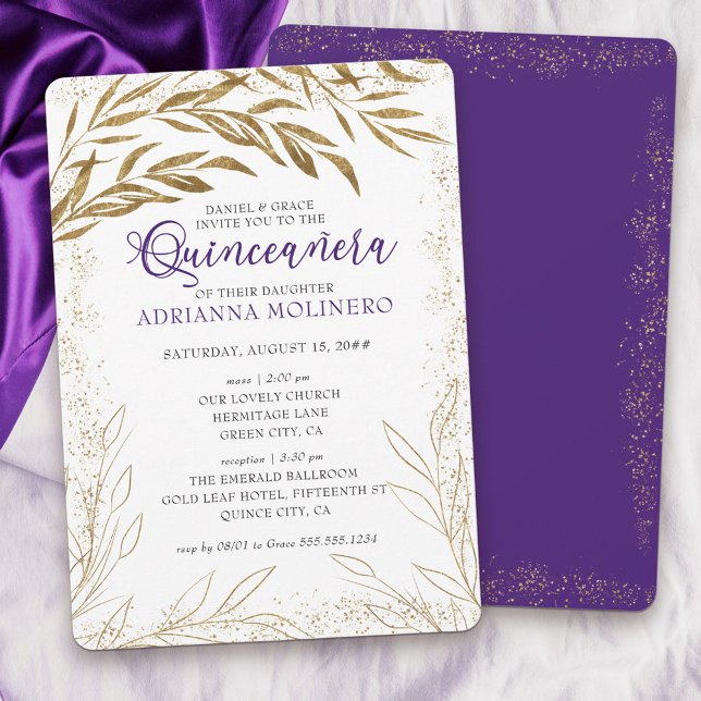 Quinceanera and Mass Luxury Purple and Gold Leaves Invitation (Elegant invitation to Quinceanera & church blessing white, purple and gold - my Gold Leaf Collection)