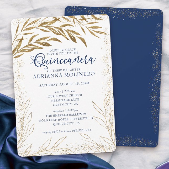 Quinceanera and Mass Luxury Royal Blue Gold Leaves Invitation (Elegant invitation to Quinceanera & church blessing white, blue and gold - my Gold Leaf Collection
)