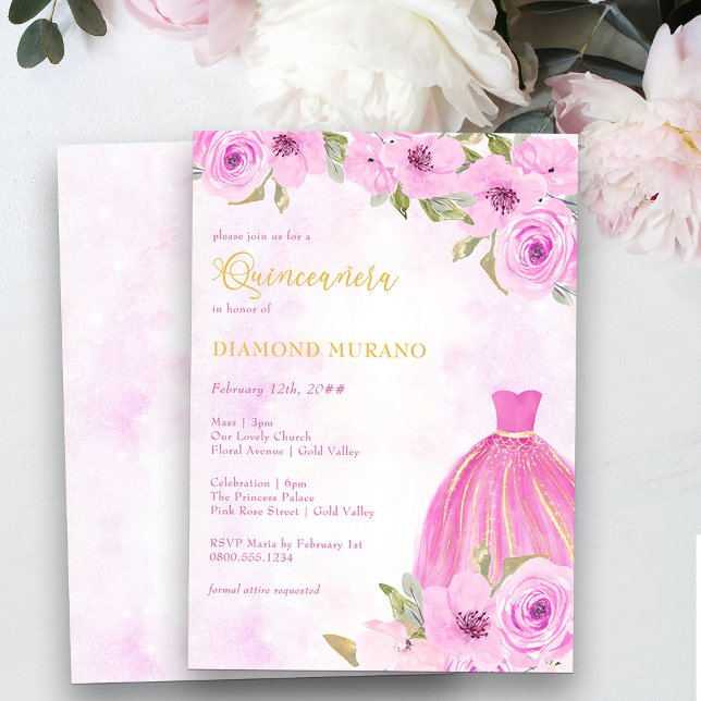 Quinceanera and Mass Pink and Gold Floral Princess Invitation (Quinceanera Mass and Reception Invitation from my Galaxy Floral Princess Quinceanera collection)