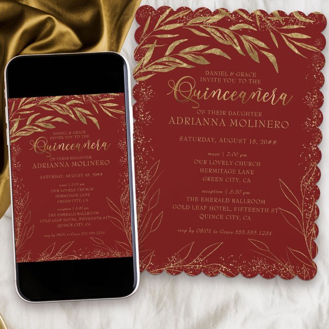 Quinceanera and Mass Red and Gold Leaves Invitation (Elegant invitation to Quinceanera and church ceremony in red and gold from my Gold Leaf Collection)