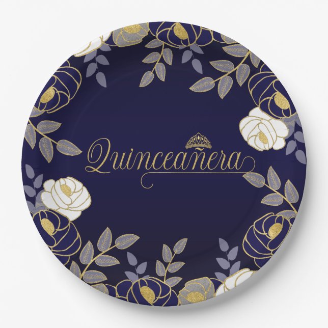 Quinceanera and Tiara Botanical in Blue and Gold Paper Plate (Front)