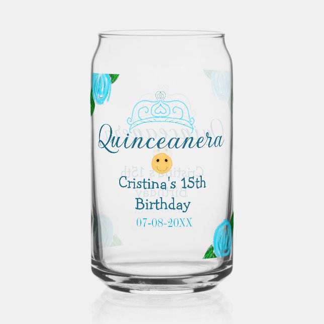 Quinceanera anos 15th birthday blue rose crown art can glass (Back)