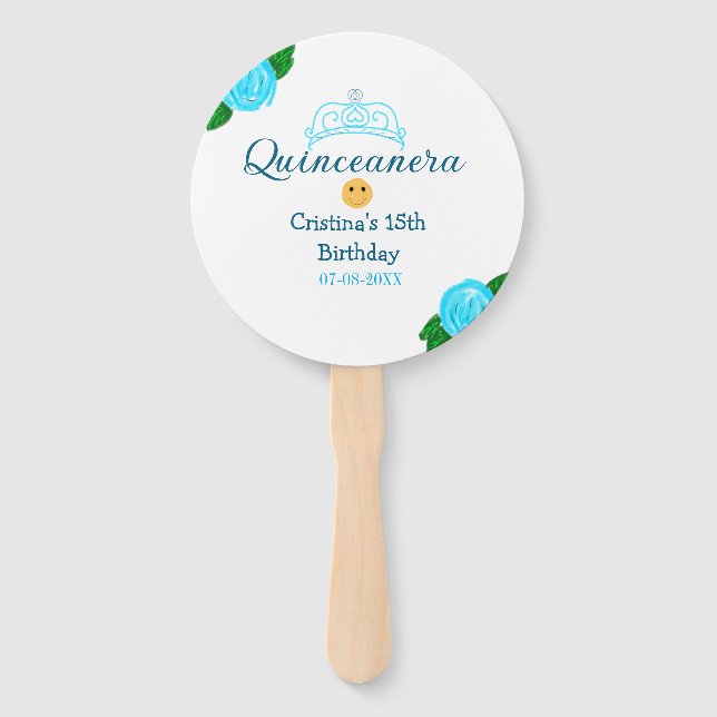 Quinceanera anos 15th birthday blue rose crown art hand fan (Front)