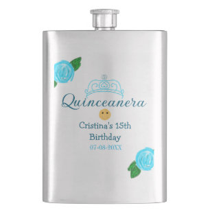 Quinceanera anos 15th birthday blue rose crown art hip flask