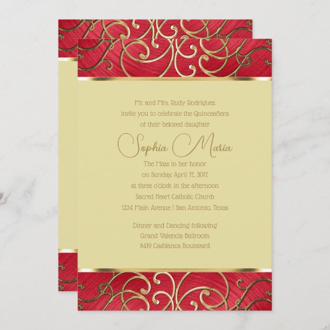 Quinceañera Any Colour Border Gold Filigree Swirls Invitation (Front/Back)