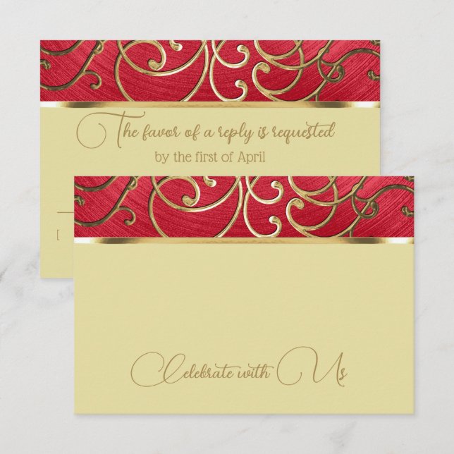 Quinceañera Any Colour Gold Filigree Swirl Border RSVP Card (Front/Back)