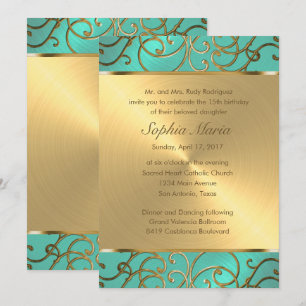 Quinceanera Aqua Green and Gold Filigree Swirls Invitation