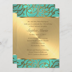 Quinceanera Aqua Green and Gold Filigree Swirls Invitation