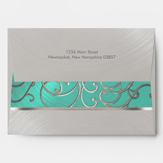 Quinceanera Aqua Green and Silver Filigree Swirls Envelopes (Back (Top Flap))