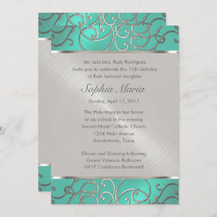 Quinceanera Aqua Green and Silver Filigree Swirls Invitation