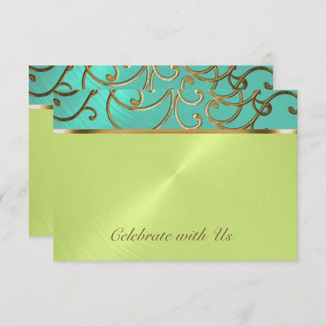 Quinceanera Aqua Lime Green Gold Filigree Swirls Invitation (Front/Back)