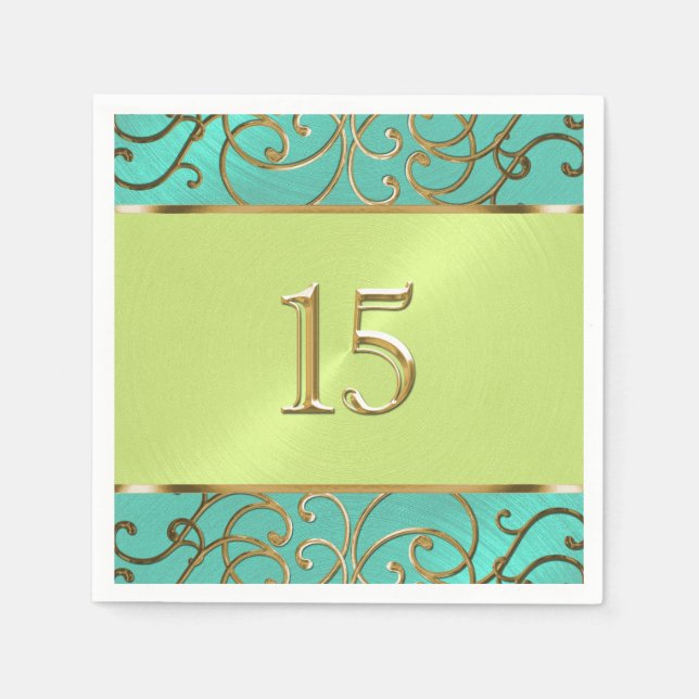 Quinceanera Aqua Lime Green Gold Filigree Swirls Napkin (Front)