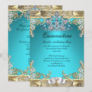 Quinceanera Aqua Teal Gold 15th Birthday Party Invitation