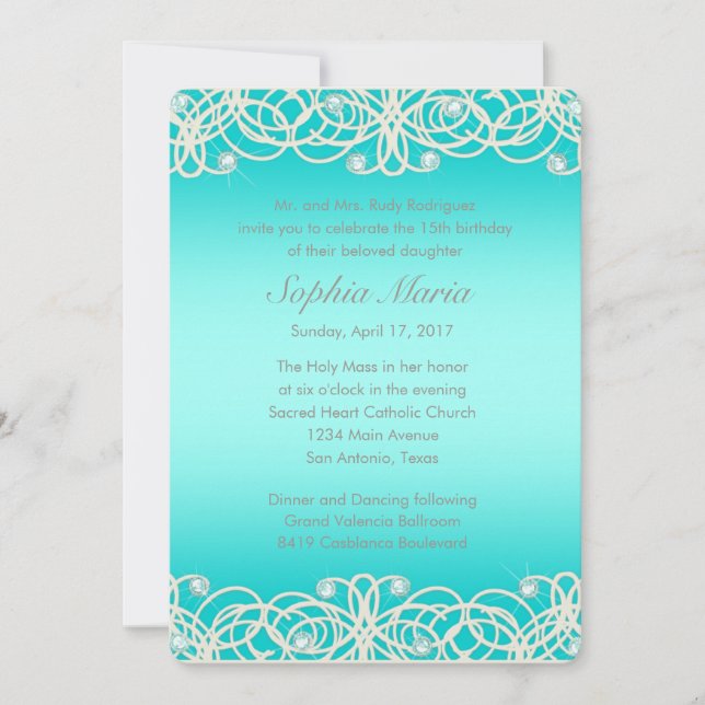 Quinceanera Aqua Turquoise Sparkle and Lace Invitation (Front)