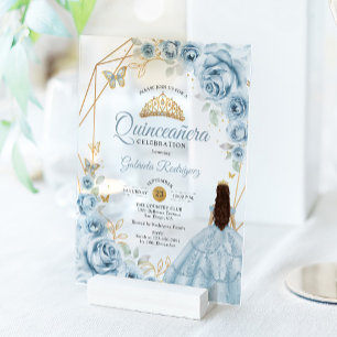 Quinceanera Baby Blue Dress Floral Gold Acrylic Invitations