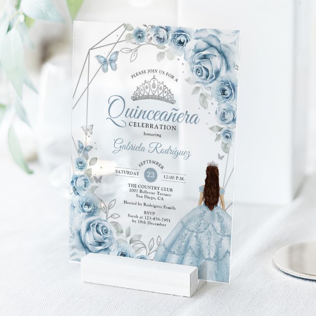Quinceanera Baby Blue Dress Floral Silver Acrylic Invitations (Creator Uploaded)