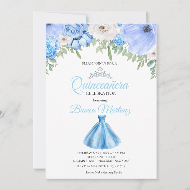 Quinceanera Baby Blue Dress Mis Quince Invitation (Front)