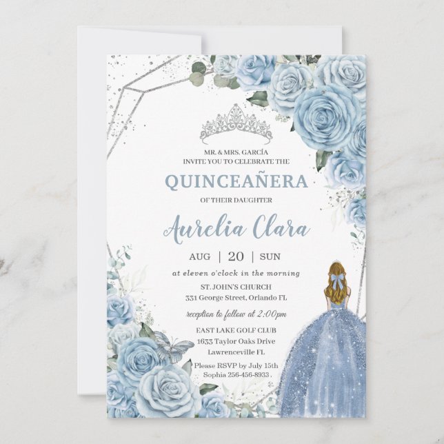 Quinceañera Baby Blue Floral Blonde Princess 15 16 Invitation (Front)