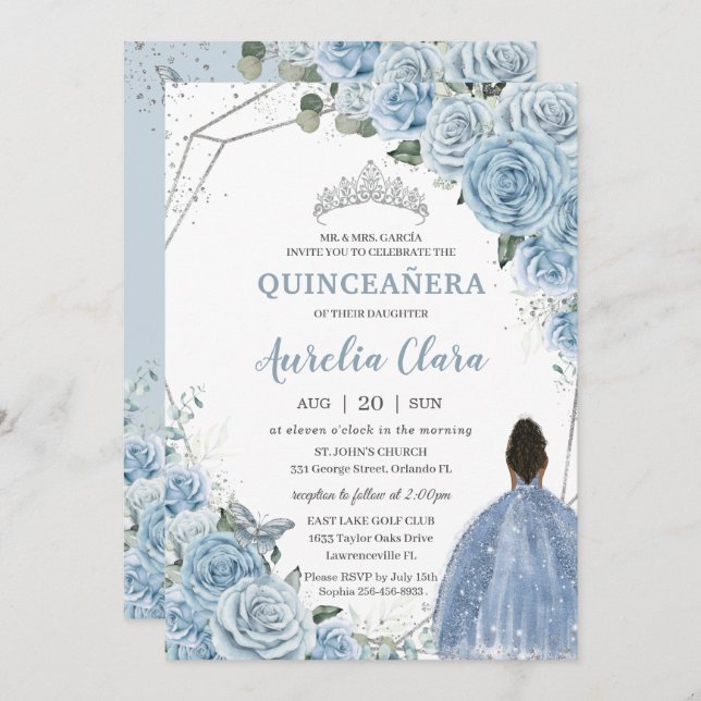 Quinceañera Baby Blue Floral Brown Princess 15th Invitation (Front/Back)