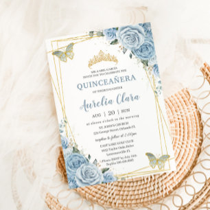 Quinceañera Baby Blue Floral Gold Butterflies 16th Invitation