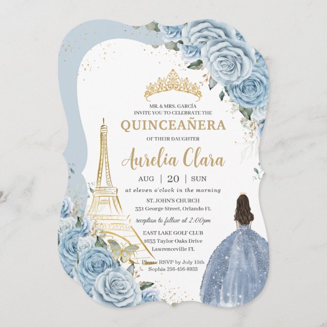 Quinceañera Baby Blue Floral Paris Gold Crown  Invitation (Front/Back)