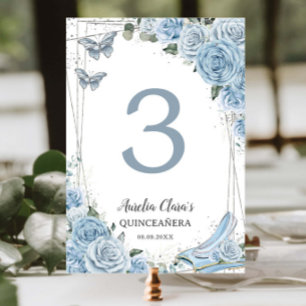 Quinceañera Baby Blue Floral Princess Cinderella Table Number