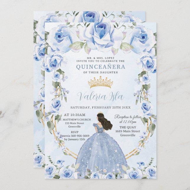 Quinceañera Baby Blue Floral Princess Dress Gold Invitation (Front/Back)