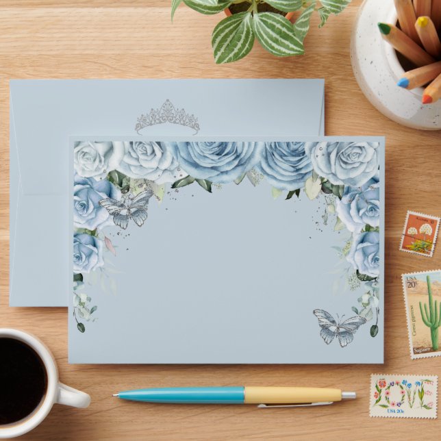 Quinceañera Baby Blue Floral Silver Butterflies Envelope (Desk)