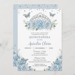 Quinceañera Baby Blue Floral Silver Crown Español Invitation
