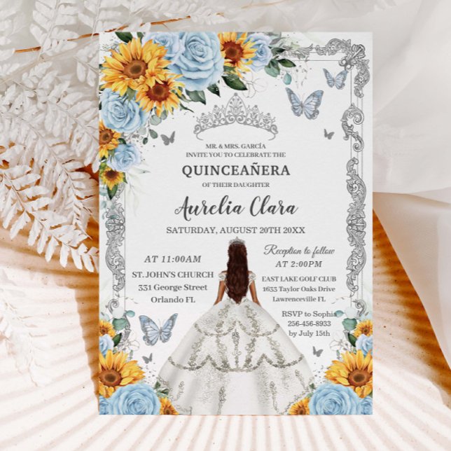 Quinceañera Baby Blue Floral Sunflowers Silver Invitation (Creator Uploaded)
