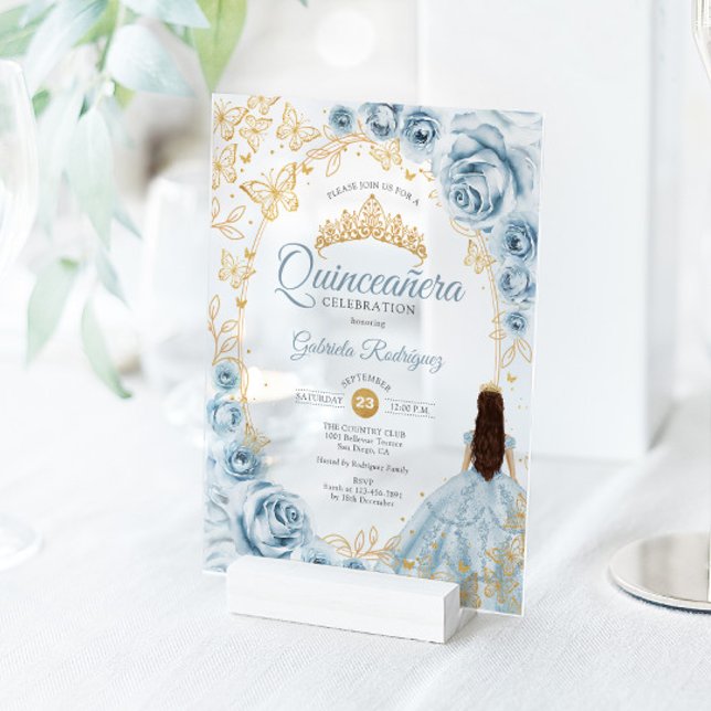 Quinceanera Baby Blue Gold Floral Acrylic Invitations (Creator Uploaded)