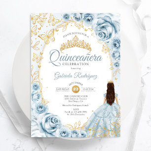 Quinceanera Baby Blue Gold Floral Invitation