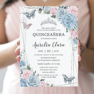 Quinceañera Baby Blue Pale Pink Floral Butterflies Invitation