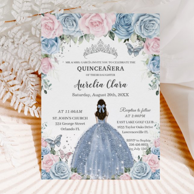 Quinceañera Baby Blue Pink Floral Princess Dress Invitation (Creator Uploaded)