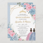 Quinceañera Baby Blue Pink Floral Roses Twins Invitation<br><div class="desc">Personalise this lovely quinceañera invitation with own wording easily and quickly,  simply press the customise it button to further re-arrange and format the style and placement of the text.  Matching items available in store!  (c) The Happy Cat Studio</div>