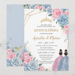 Quinceañera Baby Blue Pink Floral Roses Twins Invitation