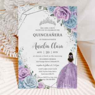 Quinceañera Baby Blue Purple Lilac Floral Silver Invitation
