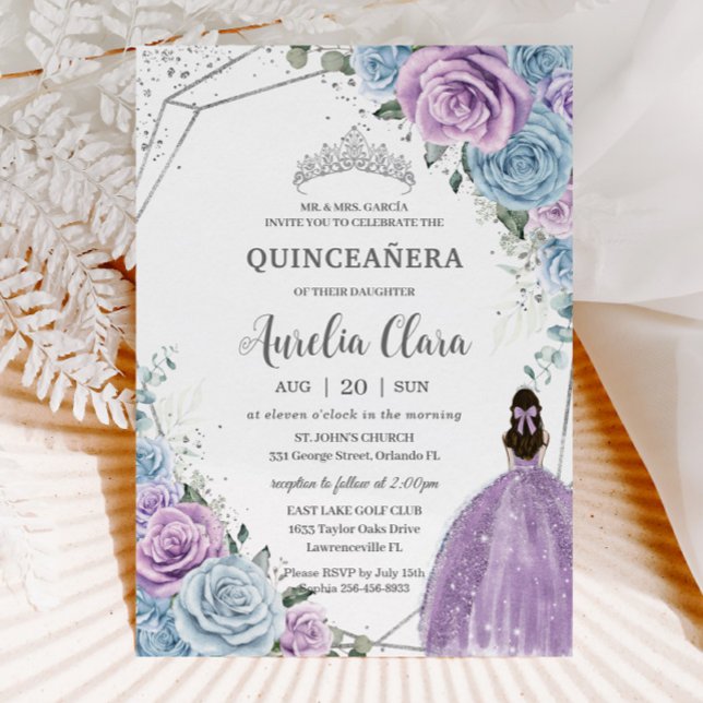 Quinceañera Baby Blue Purple Lilac Floral Silver Invitation (baby blue purple lilac roses floral silver geometric girl dress quinceanera sweet 16 invitation card)