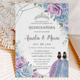 Quinceañera Baby Blue Purple Lilac Floral Twins Invitation