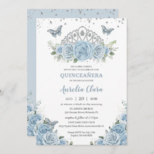 Quinceañera Baby Blue Roses Floral Silver Crown Invitation