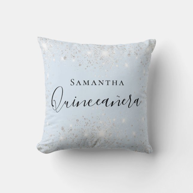 Quinceanera baby blue silver glitter dust name  cushion (Front)