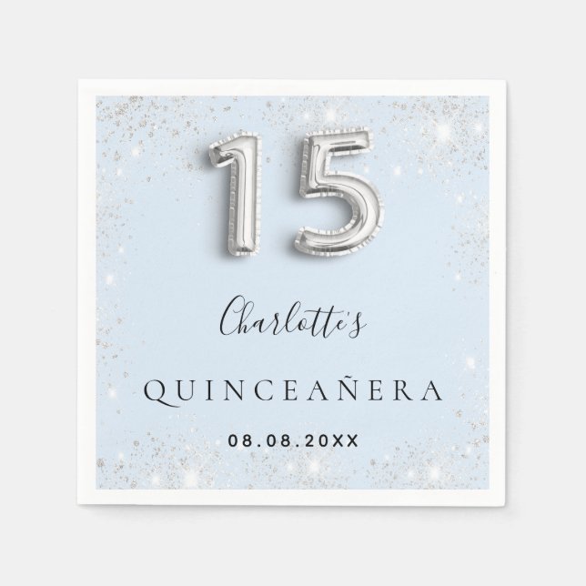 Quinceanera baby blue silver glitter dust napkin (Front)